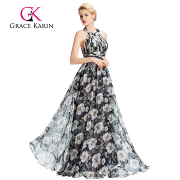 Grace Karin Flower Padrão Impresso Backless Halter Chiffon Prom Dress vestidos de fiesta GK000035-1